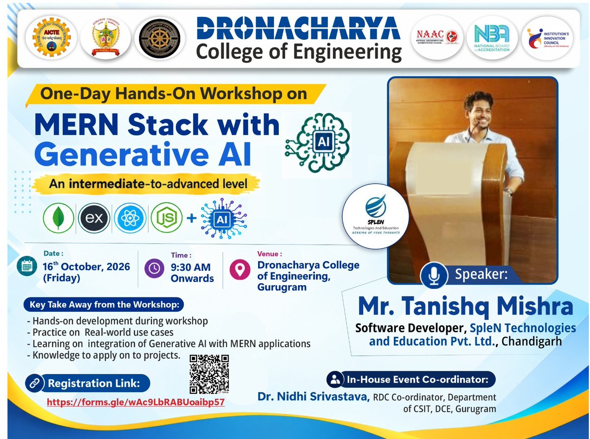 dronacharya_123's tweet photo. ๐ป๐ค MERN STACK ร GENERATIVE AI WORKSHOP 2026 | DCE GURUGRAM
DCE Gurugram hosted a hands-on workshop on 16 Oct, led by Mr. Tanishq Mishra, exploring AI-powered web development and real-world MERN applications!
#MERNStack #GenerativeAI #DCEGurugram #WebDevelopment #AIWorkshop https://t.co/CyQ9J6ZyJg