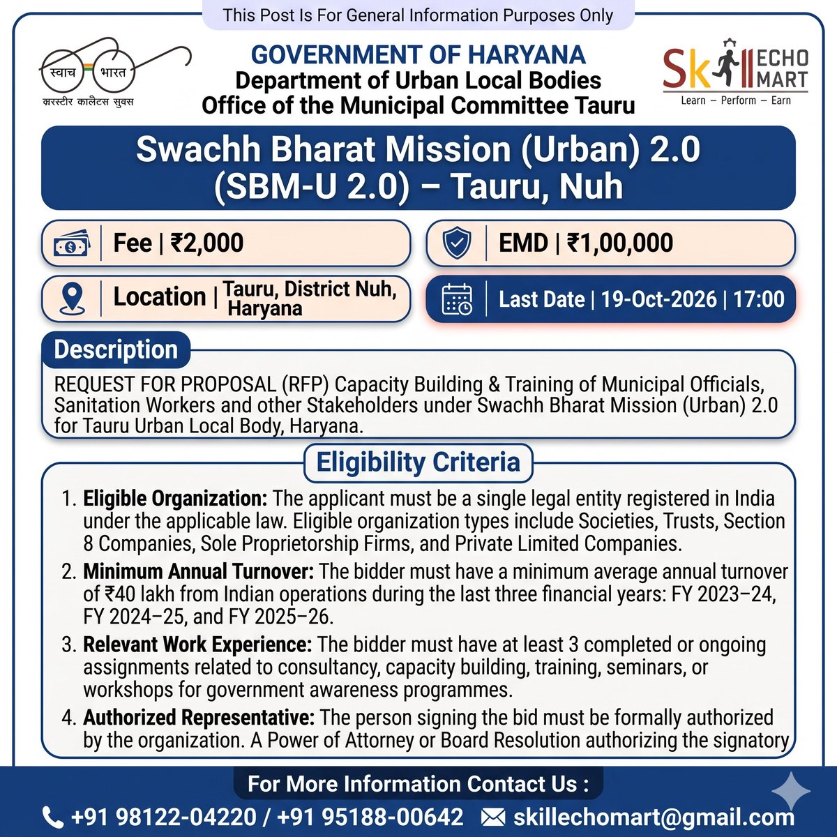 SkillEchoMart's tweet photo. Live Tender Alert: Government of Haryana | Department of Urban Local Bodies | Municipal Committee Tauru
Last Date: 19-10-2026, 05:00 PM
#LiveTender #HaryanaTender #TauruTender #Nuh #SwachhBharatMission #SBMU20 #UrbanLocalBodies #CapacityBuilding #SkillDevelopment https://t.co/yUNMegBBMJ
