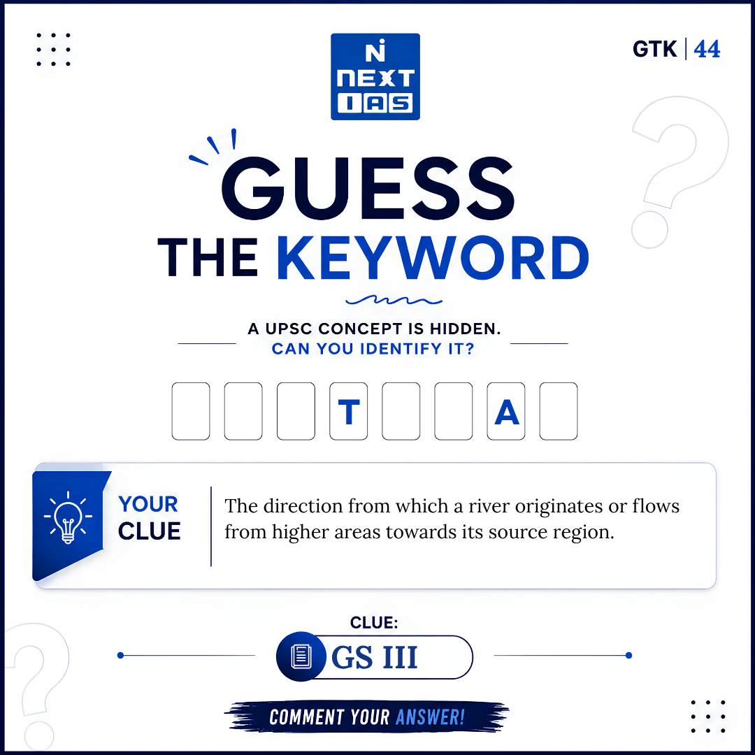 NEXTIAS_Delhi's tweet photo. 🧩 Guess the Keyword!
The direction from which a river originates or flows from higher areas towards its source region.
Clue: GS Paper III
#rivergeography #upstream #riverorigin #drainagesystem #fluvialsystem #physicalgeography #gs3 #upsc #guessthekeyword https://t.co/RbgZ1NjBcu