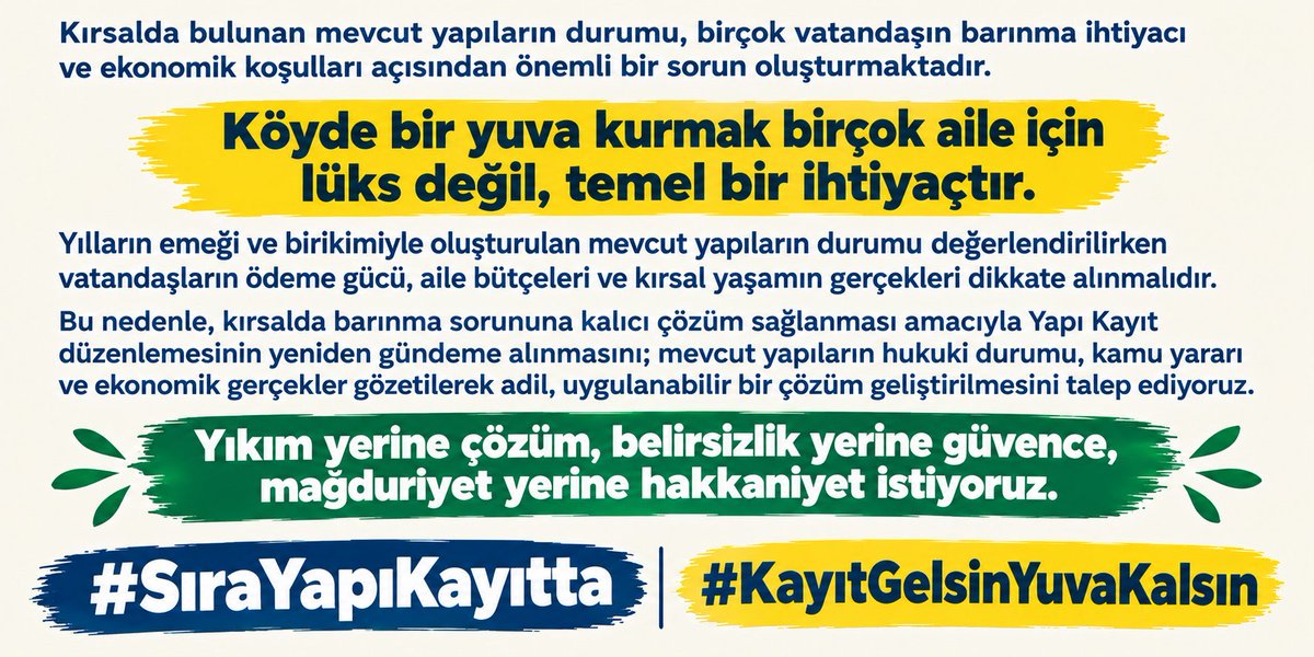 AhmetxYaman's tweet photo. Mevcut yapı sorunlarına ilişkin belirsizlikler giderilsin. Vatandaşın hangi şartlarda çözüm bulabileceğini belirleyen açık bir yasal çerçeve oluşturulsun.

#SıraYapıKayıtta
#KayıtGelsinYuvaKalsın https://t.co/76q2o4eML3