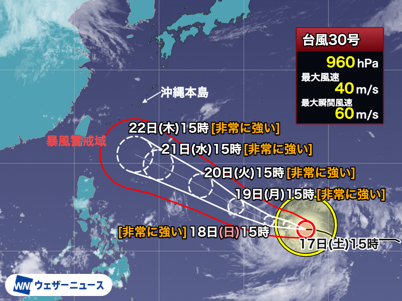 wni_jp's tweet photo. 【台風情報】
強い台風30号(チャンパー)は発達しながら西進し、明日は非常に強い勢力でグアム島付近を通過し、来週は沖縄の南に達する予想です。
その後の進路は依然として不確実性が大きいものの、最新の計算では西寄りに進む可能性がやや高まっています。
https://t.co/AvbegTtHxz https://t.co/UaaDavAywN