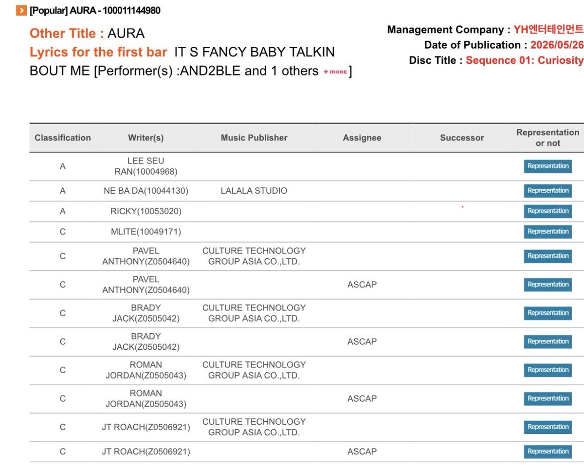 luvriky's tweet photo. ricky now has his own komca writer code (10053020) for “aura” instead of being listed under the unclassified author code ✨

this means his songwriting credit can now be properly linked to his individual registration for copyright royalty management. so proud of him!! hoping we get to see more of ricky’s creativity in the upcoming comeback #리키 #RICKY
