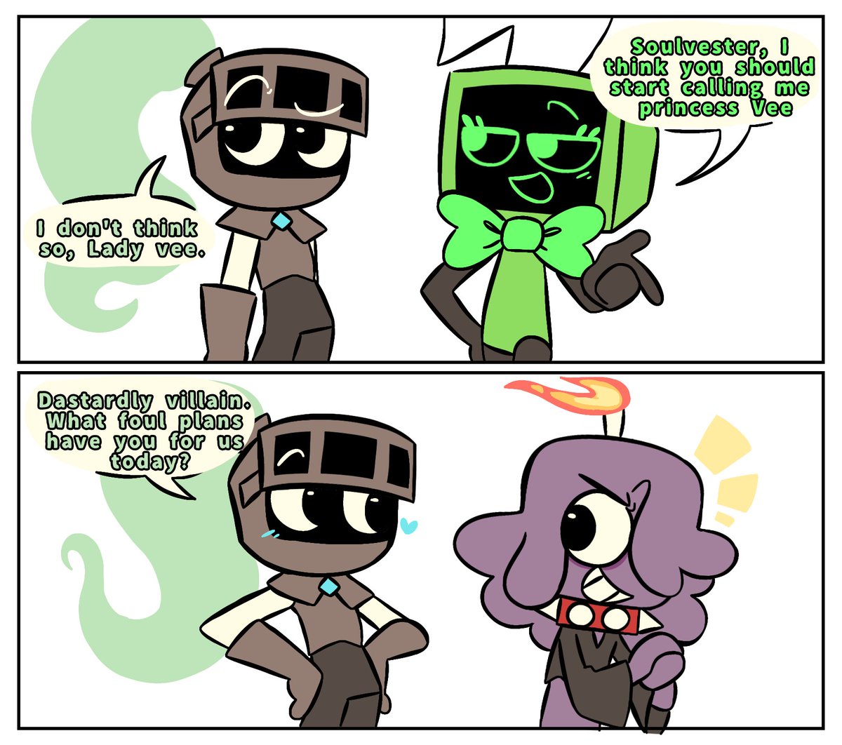 daimy_4nnele1n's tweet photo. You know what I noticed?
Vee and Soulvester have an interaction where Vee explicitly asks him to call her princess, but he refuses.

However, with Waxwell, IT'S COMPLETELY DIFFERENT!! 👀

#dandysworldfanart #dandysword #dw #FlameKnight #soulvester #waxwell https://t.co/MZltozvRp6