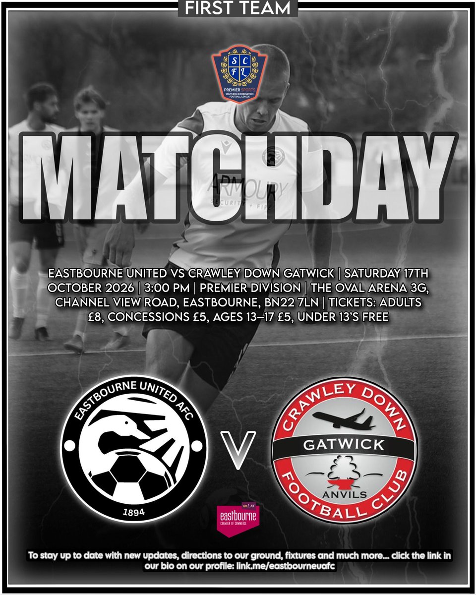 eastbourneuafc's tweet photo. 𝗠𝗔𝗧𝗖𝗛𝗗𝗔𝗬 ⚽️🏆

𝗘𝗔𝗦𝗧𝗕𝗢𝗨𝗥𝗡𝗘 𝗨𝗡𝗜𝗧𝗘𝗗 𝗩𝗦 𝗖𝗥𝗔𝗪𝗟𝗘𝗬 𝗗𝗢𝗪𝗡 𝗚𝗔𝗧𝗪𝗜𝗖𝗞

📅 Saturday 17th October
🕒 3:00 PM
🏆 Premier Division
📍 The Oval Arena 3G, BN22 7LN

@macronhastings @macronsportshubhastings https://t.co/4q3QOF75gj