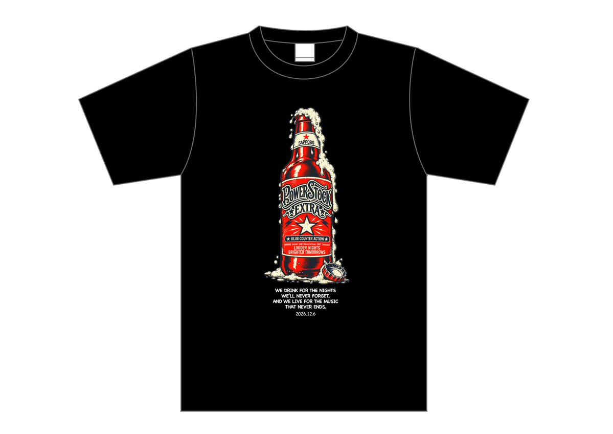 kcasapporo's tweet photo. 【受注受付開始】
2026年12月6日(日)に行われる「POWER STOCK EXTRA GIG」のイベントT-SHIRT受注販売開始しました。

-受付期間-
2026年10月17日(土)〜2026年10月31日(土)

-発送予定-
2026年11月下旬より順次発送

-お申し込み -
https://t.co/a70cR3Soha https://t.co/5lTU96uYP6