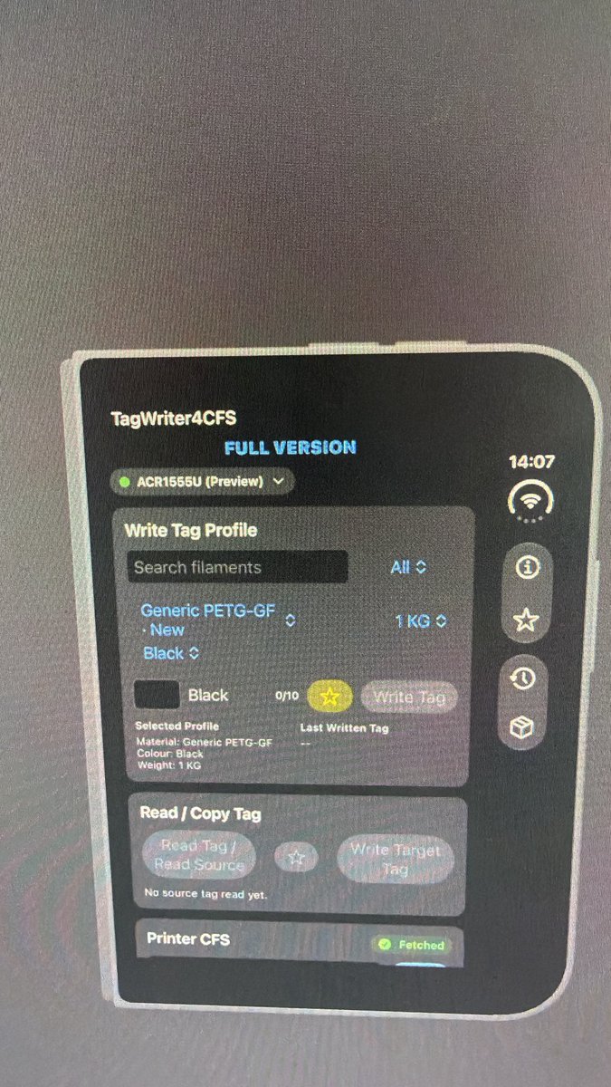 Robcc2022's tweet photo. App available for download to write RFID tags for Creality K2 series 3D printers on iOS & macOS!
You will need external reader, but they work perfectly!!
Read, write, copy tags, copy direct from CFS to tag &more! #K2 #iOS #MacOS #Creality #RFID #K2plus #K2Pro (Duo version soon) https://t.co/K4VOQvI3jI