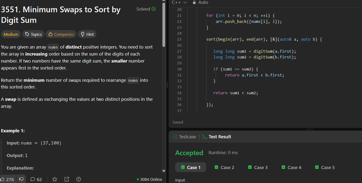 Jatin_lifo82's tweet photo. 🌟Day 630👨💻.
Solve @geeksforgeeks || @LeetCode
POTD Cpp⚡
Question LC. 3551. Minimum Swaps to Sort by Digit Sum Medium✅.
Question GFG. Convert One String to Another with Constraints Easy.
#geeksforgeeks #leetcode #DSA #POTD
@LeetCode @geeksforgeeks #CPP26 #CodingChallenge https://t.co/hXS2Rq08eP