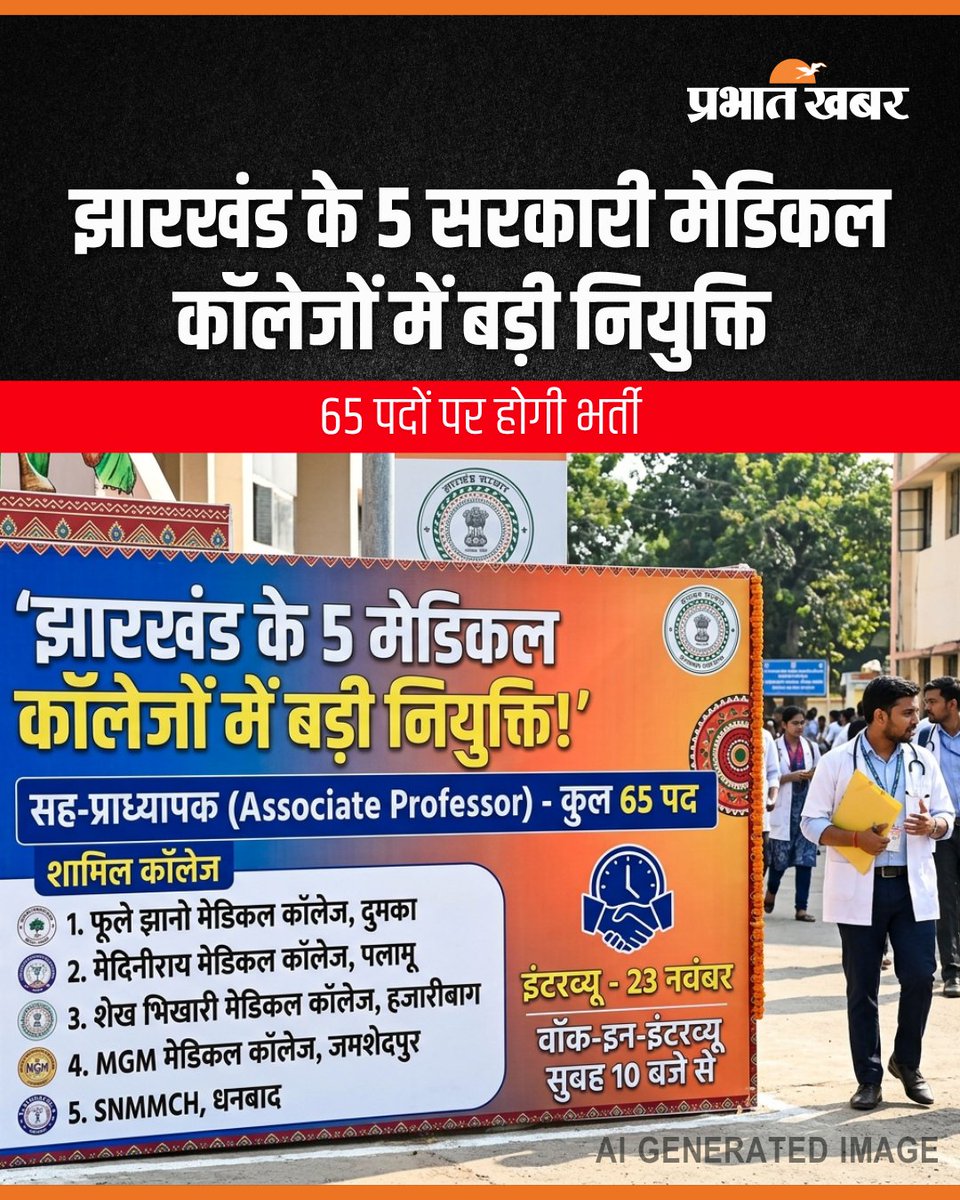 jharkhand_pk's tweet photo. рдЭрд╛рд░рдЦрдВрдб рдХреЗ 5 рд╕рд░рдХрд╛рд░реА рдореЗрдбрд┐рдХрд▓ рдХреЙрд▓реЗрдЬреЛрдВ рдореЗрдВ рд╕рд╣-рдкреНрд░рд╛рдзреНрдпрд╛рдкрдХ (рдПрд╕реЛрд╕рд┐рдПрдЯ рдкреНрд░реЛрдлреЗрд╕рд░) рдХреЗ 65 рдкрджреЛрдВ рдкрд░ рд╕рдВрд╡рд┐рджрд╛ рдирд┐рдпреБрдХреНрддрд┐ рд╣реЛрдЧреА.
#JharkhandJobs #JharkhandNews #Ranchi #RIMS #MedicalRecruitment #AssociateProfessor #Prabhatkhabarjharkhand https://t.co/Ocrq5PQ0Bs