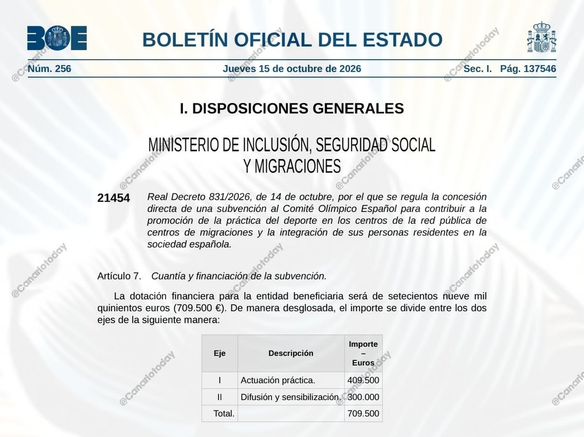 CanarioToday's tweet photo. 🕵🏻‍♂️ Concesión de 709.500 € al Comité Olímpico Español para llevar el deporte a los centros de acogida de inmigrantes ilegales... https://t.co/ov1Ac9I0mK