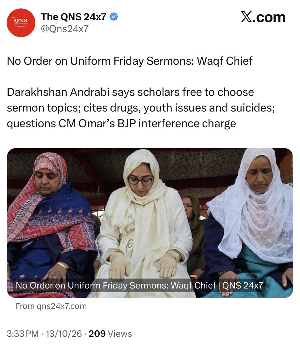 Kashmirfactlens's tweet photo. Misrepresenting the #WaqfBoard Controversy
TRT's article claims that Indian authorities are attempting to dictate Friday sermons and script what Imams preach in Kashmiri mosques.
#Fact: J&K Waqf Board Chairperson Dr. Darakhshan Andrabi categorically clarified that no government direction, order, or script has been issued to mandate uniform Friday sermons.
(4/6)
https://t.co/zflo91OpR4