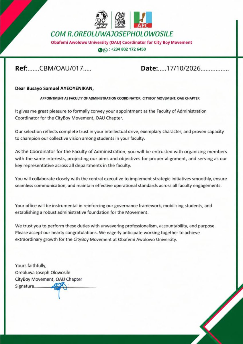 BAyeoyenikan1's tweet photo. Another responsibility. Another opportunity to serve✅. 

Officially appointed Faculty of Administration Coordinator, City Boy Movement, OAU Chapter.

Grateful to Comr. Oreoluwa Joseph Olowosile @wahala_100 and the leadership for the trust reposed in me.@GreatIfe_SU #CBM https://t.co/RzW5G08FV9