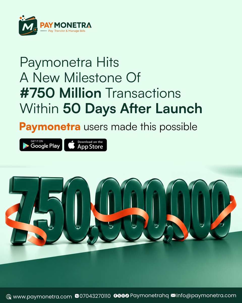 Paymonetrahq's tweet photo. 750 MILLION TRANSACTIONS IN JUST 50 DAYS!

This milestone belongs to you, our amazing Paymonetra users. From every signup to every transaction, crypto trade, airtime purchase, and bill payment, you’ve been part of this incredible journey.

50 days after launch, we’re celebrating more than numbers. We’re celebrating the trust you’ve placed in us and the growing community making it all happen.

Thank you for choosing Paymonetra. This is only the beginning, and we’re excited for everything we’ll achieve together.

Here’s to bigger milestones, more possibilities, and a smarter way to move your money.

Paymonetra, your money, your way.

#paymonetra #750milliontransactions #paymonetramilestone #digitalpayments #fintech #cryptotrading #nigeria