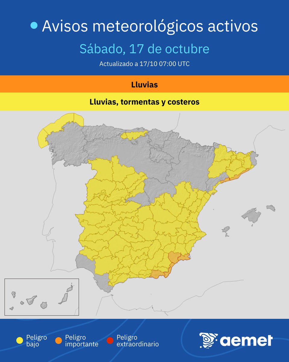 AEMET_Esp's tweet photo. ⛈️ Dana Adam: Intensa actividad tormentosa este sábado.

➡️ Chubascos fuertes muy repartidos por la Península, con posible granizo.

🟠 En zonas costeras de Cataluña y áreas de la Región de Murcia y Almería, chubascos muy fuertes y persistentes: peligro importante. ¡Precaución! https://t.co/vhKYMmPqC3