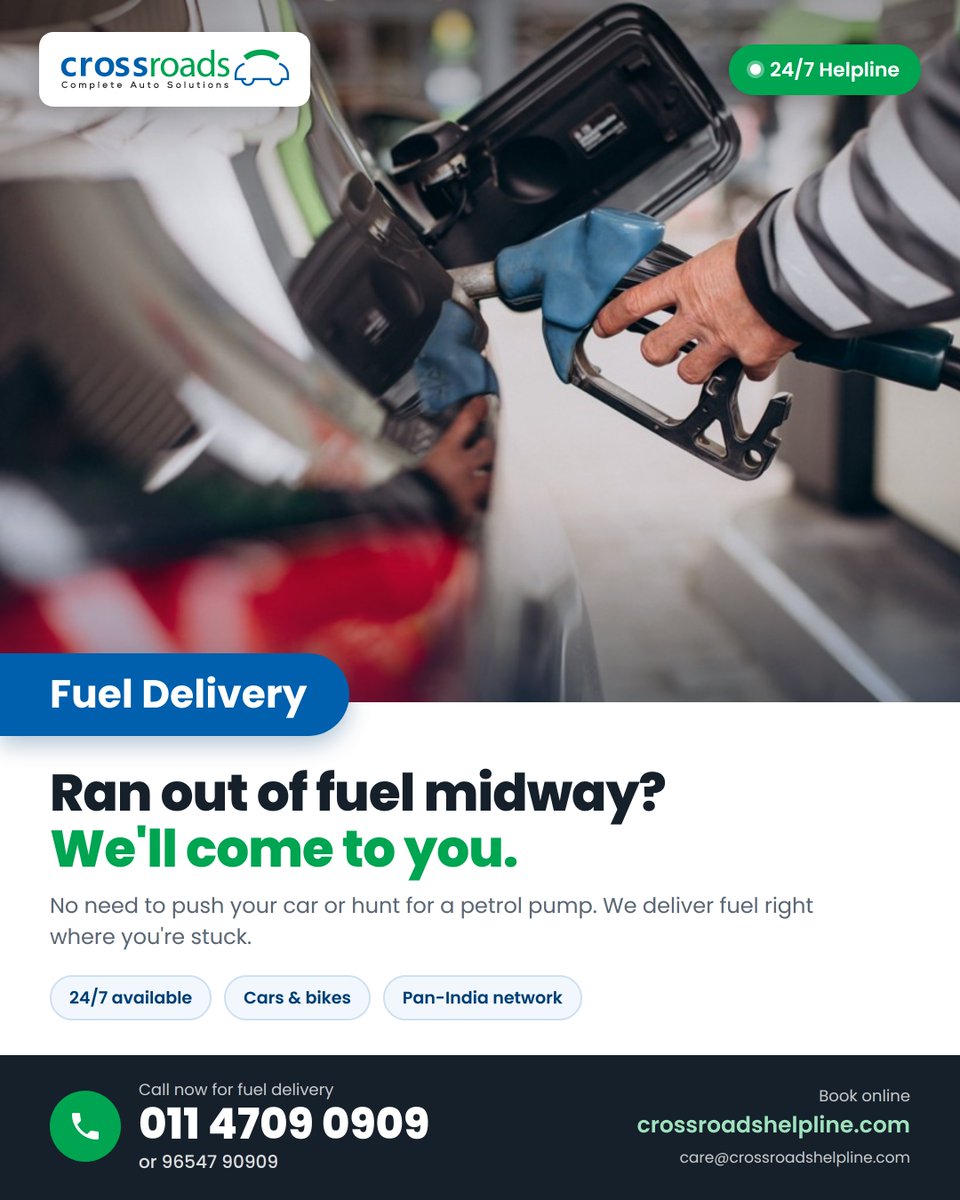 CrossroadRsa's tweet photo. No detours. No searching for a petrol pump. Crossroads brings fuel assistance right where you need it. ⛽

📞 011-4709 0909
🌐 https://t.co/m4TkKxu2RI

#CrossroadsHelpline #FuelDelivery #RoadsideAssistance #CarBreakdown https://t.co/79lgZTJWBe