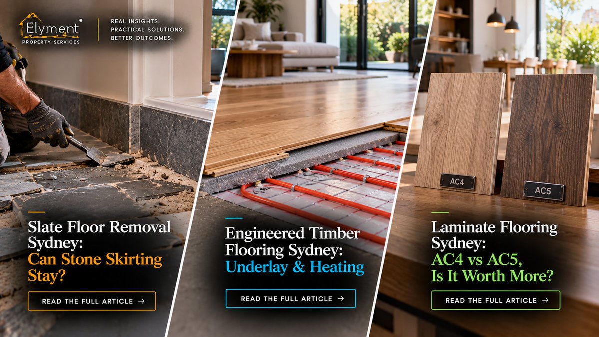 ElymentGroup's tweet photo. Three Sydney flooring questions 👇

🪨 Slate removal: can stone skirting stay?
🔥 Engineered timber: does underlay affect heating?
🪵 Laminate: is AC5 worth the extra over AC4?

https://t.co/xsnljLNTxD

https://t.co/Kco1YnjBYV

https://t.co/gL8szRBO22 https://t.co/xTjtO4jNRL