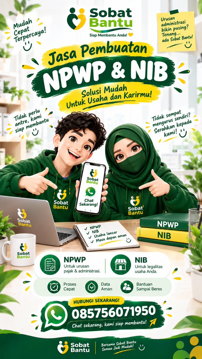 SobatBantu's tweet photo. Mau bikin NPWP &amp; NIB tapi bingung mulai dari mana? 😵‍💫

Tenang, ada Sobat Bantu! 💚💛
Nggak sempat urus sendiri? Serahkan kepada kami. Biar kamu bisa fokus sama usaha dan aktivitasmu!

📌 Jasa pembuatan NPWP &amp; NIB
📲 WhatsApp: 085756071950 https://t.co/b3UHjwt8R7