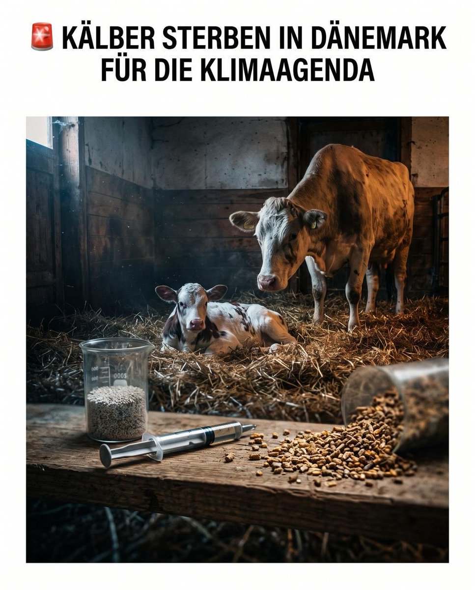 deSunShineBand's tweet photo. Bovaer-gate:

🚨 Kalveren sterven in Denemarken door de klimaatagenda

Het grote klimaatverhaal van de Deep State neemt extreme proporties aan. Het is één ding om met leugens gevoed te worden. Maar wanneer onschuldige dieren sterven in naam van klimaatbescherming, is er absoluut een grens overschreden.

In Denemarken sterven talloze kalveren door het chemische voederadditief Bovaer. Deze stof is gebaseerd op de synthetische werkzame stof 3-NOP en is bedoeld om de natuurlijke methaanproductie in het spijsverteringskanaal van runderen te onderdrukken, om zo te voldoen aan de duurzaamheidsdoelstellingen van de EU en grote bedrijven. Grote melkveebedrijven zetten boeren praktisch onder druk om dit additief door het dagelijkse veevoer te mengen.

Maar de prijs van deze kunstmatige ingreep is verwoestend. Verschillende Deense boeren luiden de alarmbel omdat jonge kalveren ernstig ziek worden of kort na het drinken van melk van behandelde koeien sterven. De dieren weigeren te drinken, vertonen ernstige gewrichtsontstekingen, lijken apathisch en suf, en kunnen nauwelijks staan.

Een Deense dierenarts en toegewijde dierenrechtenactivisten leggen een verband tussen deze vergiftigingsverschijnselen en agressieve afbraakproducten van de chemische stof in de lichamen van de dieren.

Veel boeren, die vrezen voor hun bestaanszekerheid en het verlies van hun zakelijke relaties met de dominante zuivelgiganten, durven niet naar de pers te stappen. Iedereen die de groene agenda en de dictaten van de bedrijven ter discussie stelt, riskeert zijn of haar baan.

Maar de echte slachtoffers zijn de dieren. Al millennia lang hebben herkauwers de taak om onverteerbaar gras te consumeren en zo actief het landschap vorm te geven. Wanneer bedrijven dit natuurlijke organisme herprogrammeren met synthetische chemicaliën, lijden weerloze dieren uiteindelijk en betalen ze met hun leven voor de klimaathysterie.