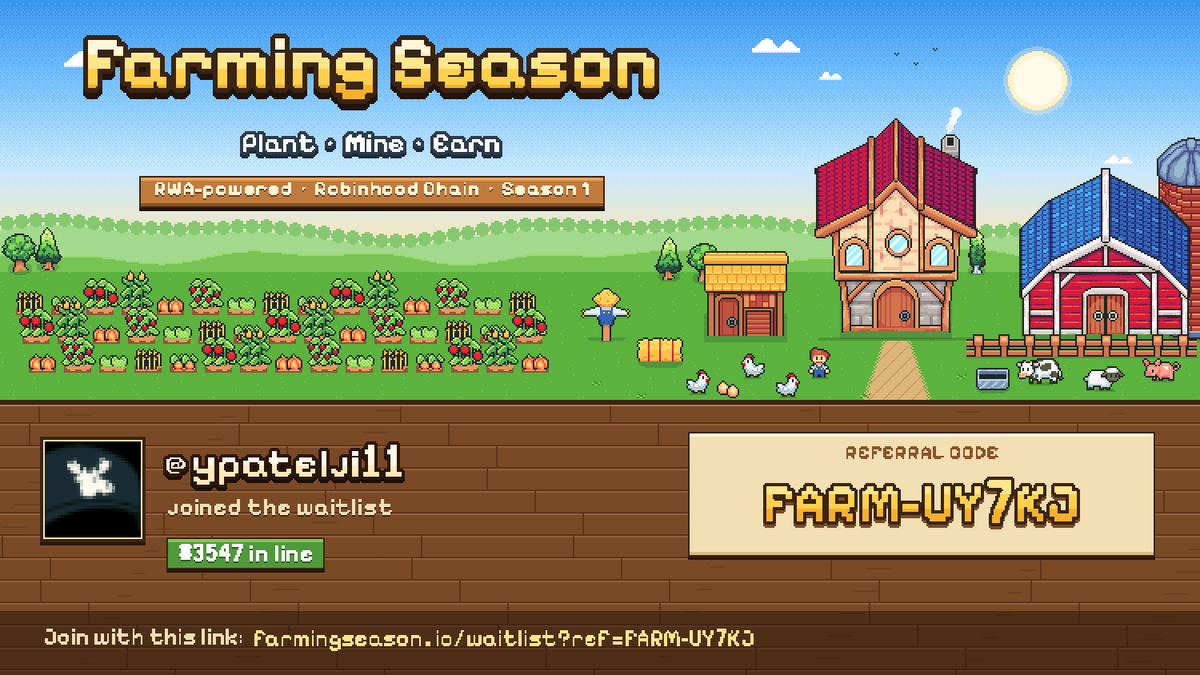 ypatelji11's tweet photo. I just joined the @farmingseasonio waitlist 🌾 I'm #3547 in line.

The first RWA-powered farming game on Robinhood Chain. Join with my link and help me move up 👇
https://t.co/xxYh3ZJaJb https://t.co/uaqyOk6c0C