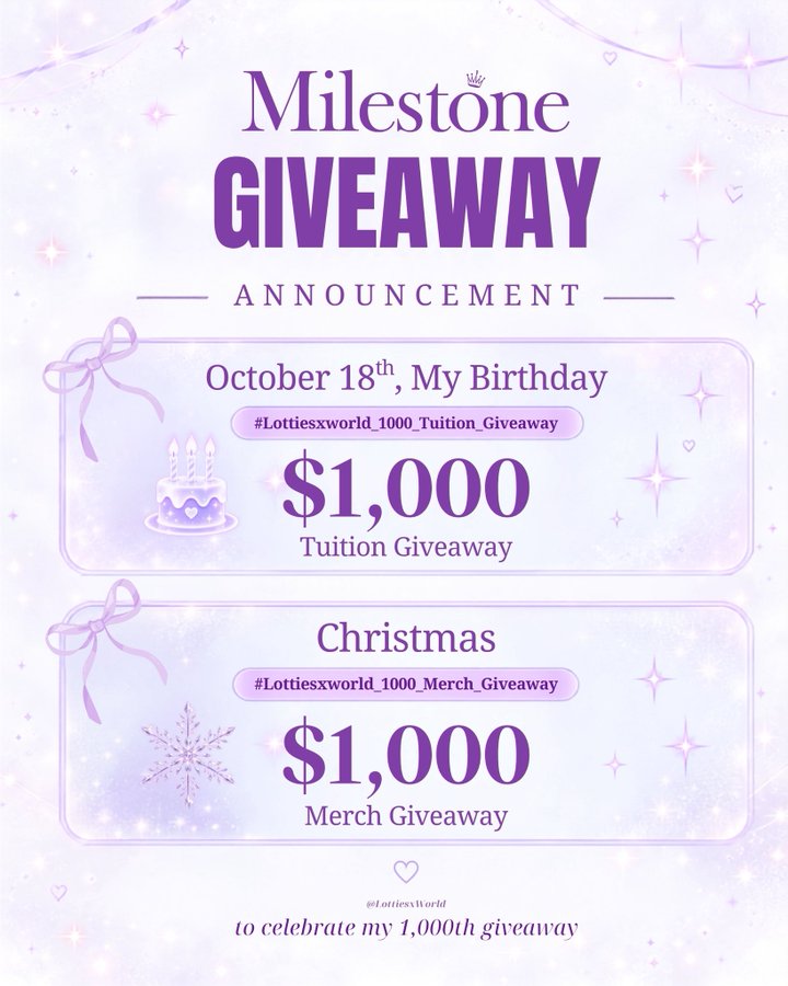 LottiesxWorld's tweet photo. Student armys, this giveaway is for YOU!! 🎓💜

i'm giving away $1,000 to an army who can use the funds for anything related to their studies! 🥹

this is my way of celebrating my birthday and giving back to the community i cherish so much. i truly hope this can help someone and ease some of their financial burden. i know i can't solve everything, but i'm trying my best to make a little difference. 💜

ONLY 1 DAY TO GO!! 😭 Repost and help me reach more student armys who might benefit from this opportunity 🫂💜

#Lottiesxworld_1000_Tuition_Giveaway