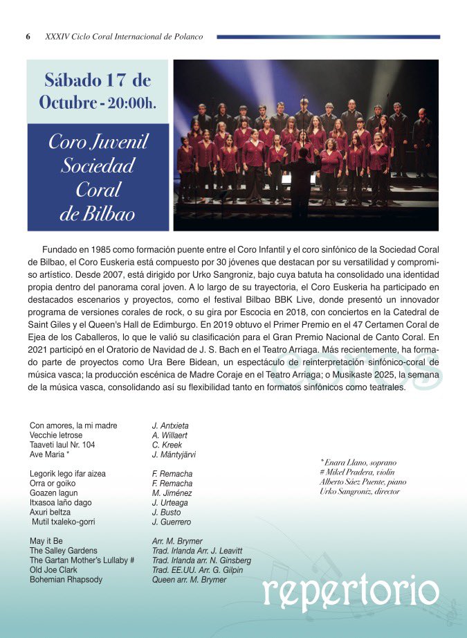 AytoPolanco's tweet photo. #culturaPolanco #musicaPolanco
Actuaciones en el XXXIV Ciclo Coral Internacional de Polanco
🗓️ Sábado, 17 de octubre
🧑‍🧑‍🧒‍🧒 Coro Juvenil Social Coral de Bilbao
⏰ 20.00 horas
📍Iglesia de San Pedro Advíncula https://t.co/YXo9DwF9cq