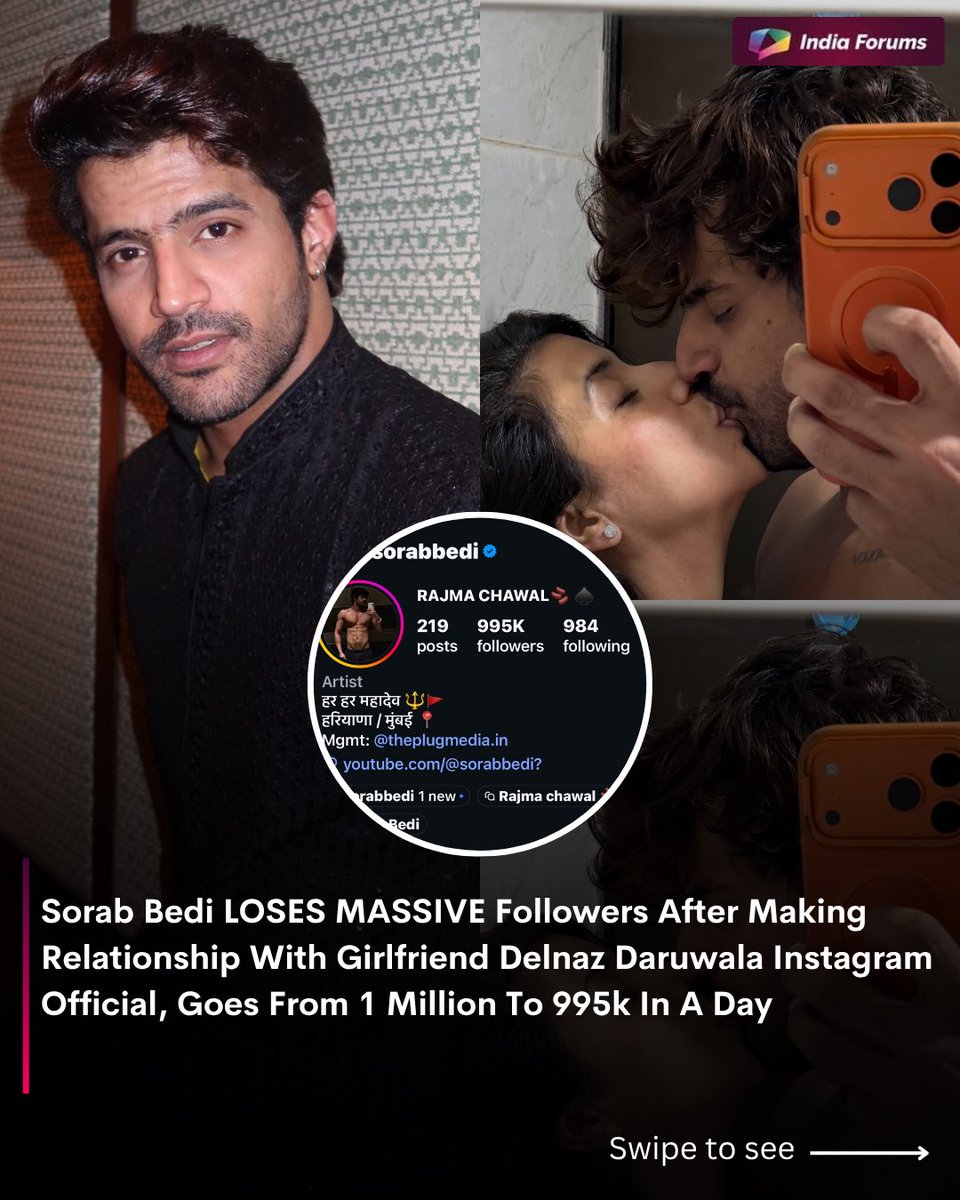 indiaforums's tweet photo. Sorab Bedi reportedly sees a dip in his Instagram following after making his relationship with Delnaz Daruwala official. The Splitsvilla fame, who had around 1 million followers, is now at 995K, losing nearly 5,000 followers in a day. 
.
.
.
#SorabBedi #DelnazDaruwala #Splitsvilla #CelebrityNews #IndiaForums