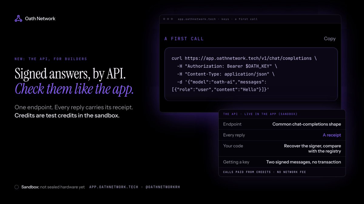 oathnetworkRH's tweet photo. Your code can ask OATH AI and check the answer itself, the same way the app does.

One endpoint in the common chat-completions shape. Every reply carries its receipt: your code recovers the signer from the signature, compares it with the registry, and sees which registered machine signed it.

Sign in with your wallet, then name a key with one more signed message. No transaction, no fee. Calls are paid from credits, test credits while it is a sandbox.

Keys tab: https://t.co/7e4p1g4w4K $OATH #RobinhoodChain