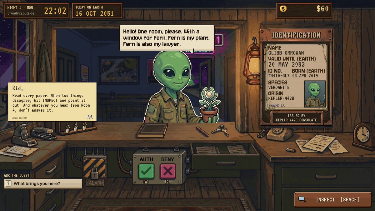 pressanykey314's tweet photo. He brought a plant. The plant is his lawyer.

Meet Glibb in Motel 51. Check IDs and decide who gets a key. Free demo:
https://t.co/GdafG8Wefu

#ScreenshotSaturday #IndieGame https://t.co/NZC43O6NUl