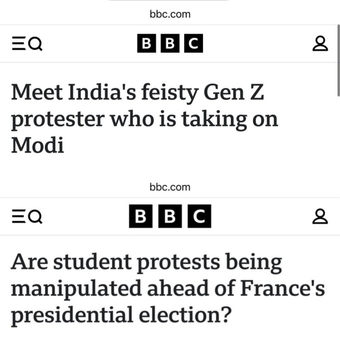 TheVicharNeethi's tweet photo. 🌍⚖️BBC, why frame protests in India and France differently?

India’s protests over voter rolls, jobs and education spotlight Modi’s government; French school blockades cite alleged radical-left influence. Same standards—or a media double standard in coverage? @BBCBreaking 

#BBC https://t.co/2Mg85jYJ6V