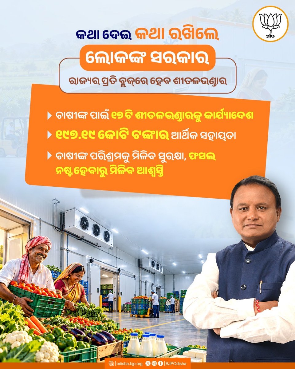 BJP4Odisha's tweet photo. କଥା ଦେଇ କଥା ରଖିଲେ ଲୋକଙ୍କ ସରକାର । ଚାଷୀଙ୍କ ପରିଶ୍ରମକୁ ସମ୍ମାନ ଓ ଫସଲର ସୁରକ୍ଷା ପାଇଁ ରାଜ୍ୟର ପ୍ରତି ବ୍ଲକ୍‌ରେ ଶୀତଳଭଣ୍ଡାର ନିର୍ମାଣ ଲକ୍ଷ୍ୟରେ ବଡ଼ ପଦକ୍ଷେପ ନେଉଛନ୍ତି ଲୋକଙ୍କ ସରକାର। https://t.co/4BFMbx5TAl