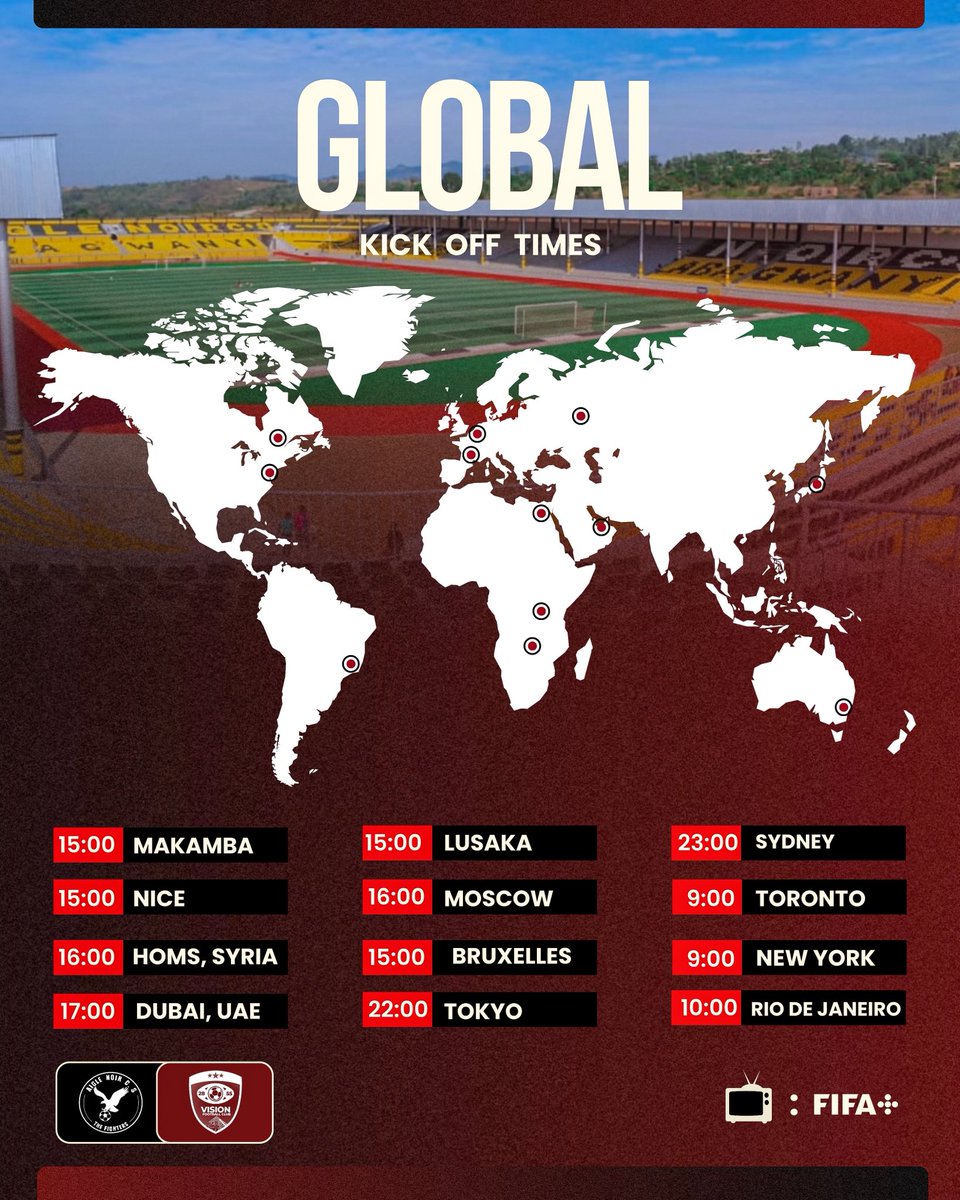 Vision__FC's tweet photo. Amasaha y’urukino rw’uyumusi mu mihingo itandukanye y’isi. 🗺️🌍

Uza gukurikirana urukino rw’uyumusi uherereye hehe ? 

#ANCSVFC | #DrivenByVision https://t.co/IjveNMeU0H
