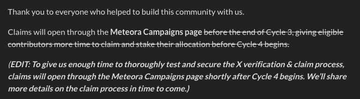 0xmiir's tweet photo. Quick clarification:

Expert Contributor claims will go live shortly after Cycle 4 begins (not before). We need a little more time to make the claim process as secure as possible, especially with X verification involved.

This is the only change, and everything else in the update remains the same. Sorry for the confusion, and thanks for bearing with us while we get this right.

Still super excited for the week ahead, for Breakpoint, and for everything to come. LFG!