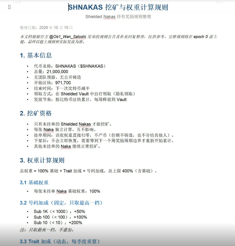 0xWalkerDad's tweet photo. ShieldedNaka挖矿玩法规则：

简单介绍一下我们挖出来隐私代币： $SHNAKAS （也常写作 $SHNAKAS）这个名字来自 Shielded Nakas 的缩写/合成。
它是比特币 Ordinals 上的一个隐私（shielded）NFT 合集（总量 3333 张像素风格 Naka，账号是 
@ShieldedNaka

，全称 Shielded-NakaPunks），由 Ord Dropz（创���人 
@Ob1_Wan_Satoshi

）推出，艺术家是 
@NOXtoshi

。项目口号是“价格公开，持有者私密”，用零知识证明（ZK proofs）隐藏持有者身份，同时把艺术和交易价格公开。
Naka 来自比特币创始人 Satoshi Nakamoto 的名字缩写（Naka），这是 Ordinals 圈里很常见的致敬叫法。
SH 来自 Shielded（屏蔽/隐私的）。
所以 SHNAKAS ≈ SHielded NAKAS，是这个合集专属的创世奖励（btc生态的第一个隐私代币）。总量 2100 万，无团队预留、无公开铸造，只能通过持有未挂单的 Shielded Nakas 来积累领取（从约区块 971700 开始，持续到下一次比特币减半左右）。
简单说，名字就是直接取自这个“隐私 Naka”合集本身，也是隐私代币的名字。
挖矿权重规则见下图：

每张nft基础权重100%，每天根据市场溢价动态重算：
1.25倍地板溢价+25%权重
1.5倍溢价+50%权重
2倍溢价+75%权重
3倍及以上溢价+100%权重
编号加成可叠加：
Sub1000 +50%
Sub100 +100%
Sub10 +200%
整体权重封顶400%。
总结：稀缺特质+小号编号+长期不挂单=最高符文收益。