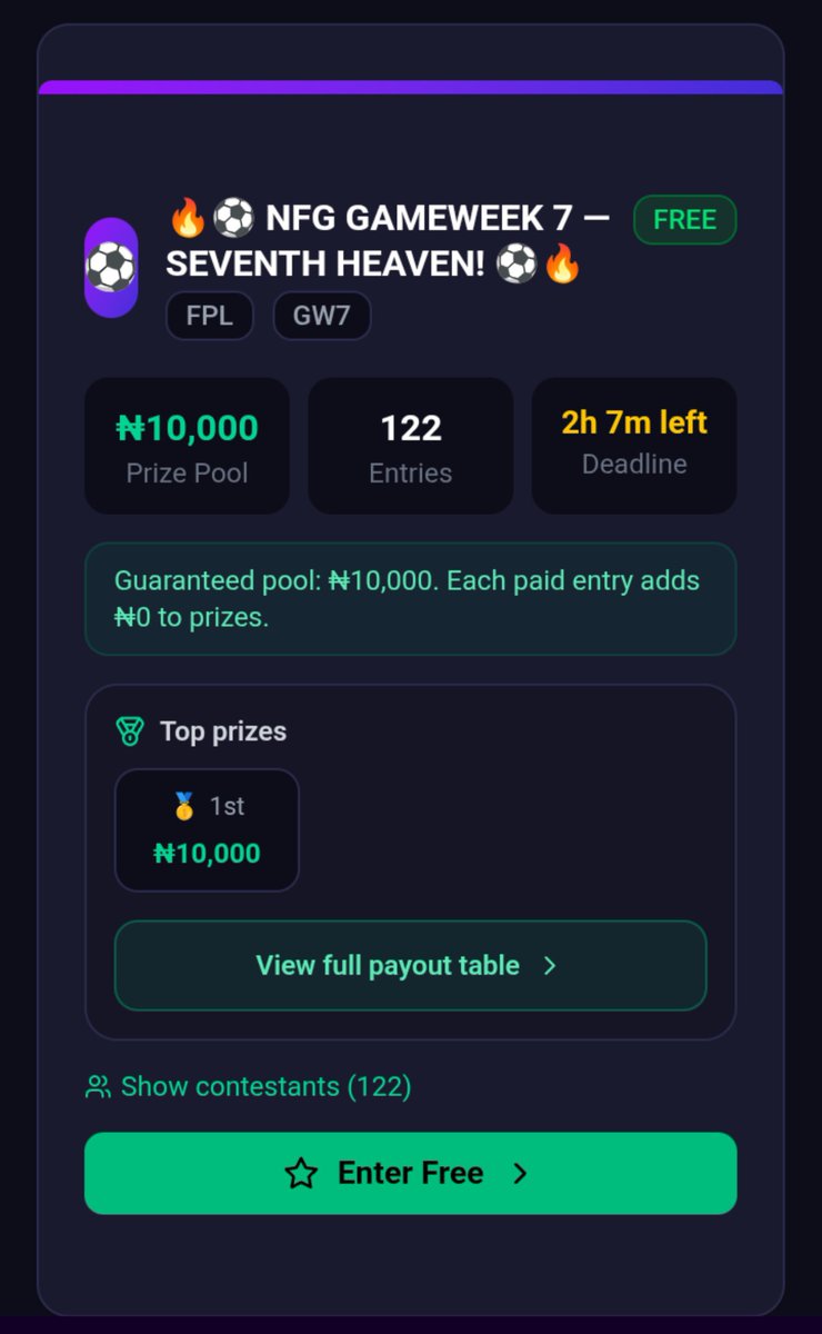 basediah's tweet photo. 🚨⏰ FPL DEADLINE IN A BIT!

⚽ Join the official NFG league and enter the FREE GW7 competition to be eligible for this week's prize! 💰🏆

💸 Paid competitions also available. Don't miss out!

🔗 https://t.co/Mp63UjmFRN

🔥 Let's see who tops the table after GW7! 👑

#NaijaFPLGods #GW7 #SeventhHeaven