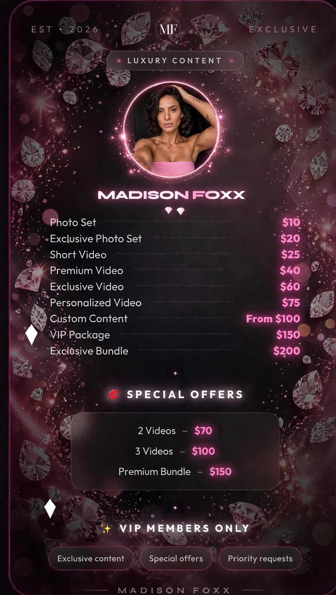 madisonfoxx2002's tweet photo. Official Madison Foxx Content Menu
Photo Sets — from $10 Exclusive Photo Sets — $20 Short Videos — $25 Premium Videos — $40 Exclusive Videos — $60 Personalized Videos — $75 Custom Content — from $100
VIP Packages and special bundles available. https://t.co/pLusc6QDgX