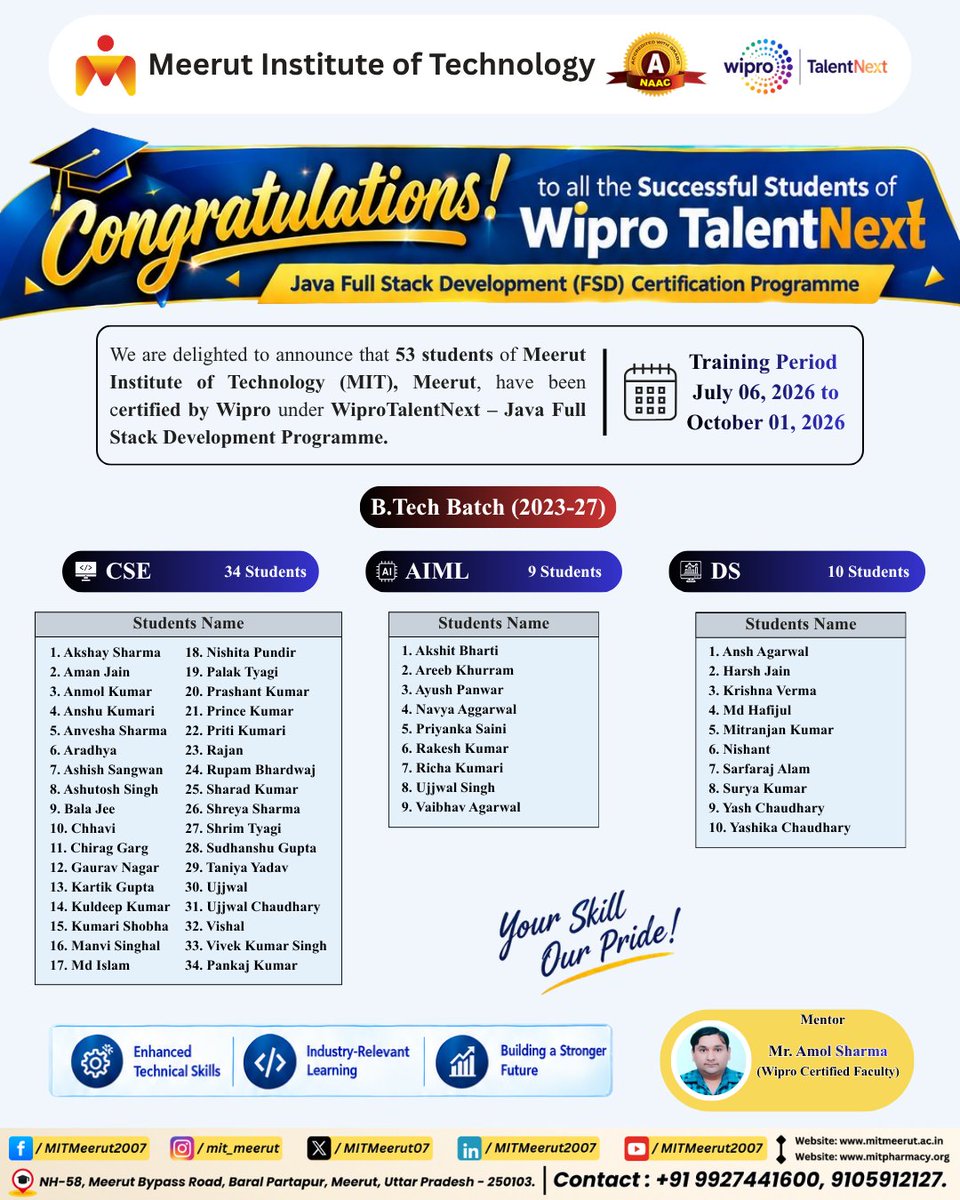 MITMeerut07's tweet photo. π Celebrating Success at MIT Meerut! π
We are proud to announce that 53 students of Meerut Institute of Technology (MIT), Meerut.
MIT Meerut β Building Careers, Shaping Futures!
#MITMeerut #WiproTalentNext #Wipro #JavaFullStackDevelopment #FSDCertification https://t.co/sdNHYtsNQ4