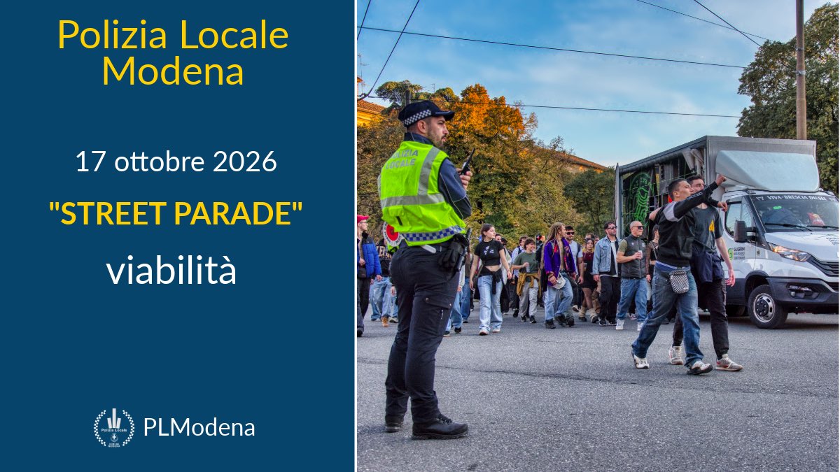 PLModena's tweet photo. #ViabilitàMO #17ottobre
Oggi pomeriggio si svolge la manifestazione “Street Parade”, con partenza del corteo alle ore 13 dal Novi Sad. 
📍Il percorso del corteo:
Novi Sad, viale Monte Kosica, viale Crispi, piazzale Natale Bruni, viale Caduti in Guerra, largo Garibaldi, viale Martiri della Libertà, viale delle Rimembranze, piazzale Risorgimento, viale Vittorio Veneto, largo Aldo Moro, via Emilia ovest, Parco Ferrari.
🔴 Attenzione ai divieti di sosta con rimozione nelle aree interessate dal percorso.
🔴 Durante il transito del corteo, la circolazione sarà temporaneamente sospesa, con deviazioni e chiusure limitate al tempo necessario per garantire la sicurezza.
👉 Variazioni di percorso su itinerari alternativi sono previsti anche per il trasporto pubblico locale
#streetparade
