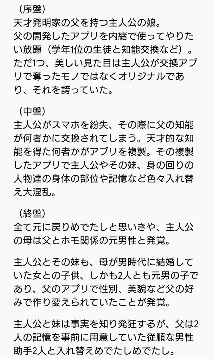 TSF_SWAP_File's tweet photo. 【なんでも入れ替えアプリ】プロット

（中盤）
①母と妹がおっさんと身体を入れ替えられる。
②主人公が性別だけ「何者か」と入れ替えられる。
③主人公の親友が「何者か」と身体を入れ替えられる。 https://t.co/s86YM7PG6a