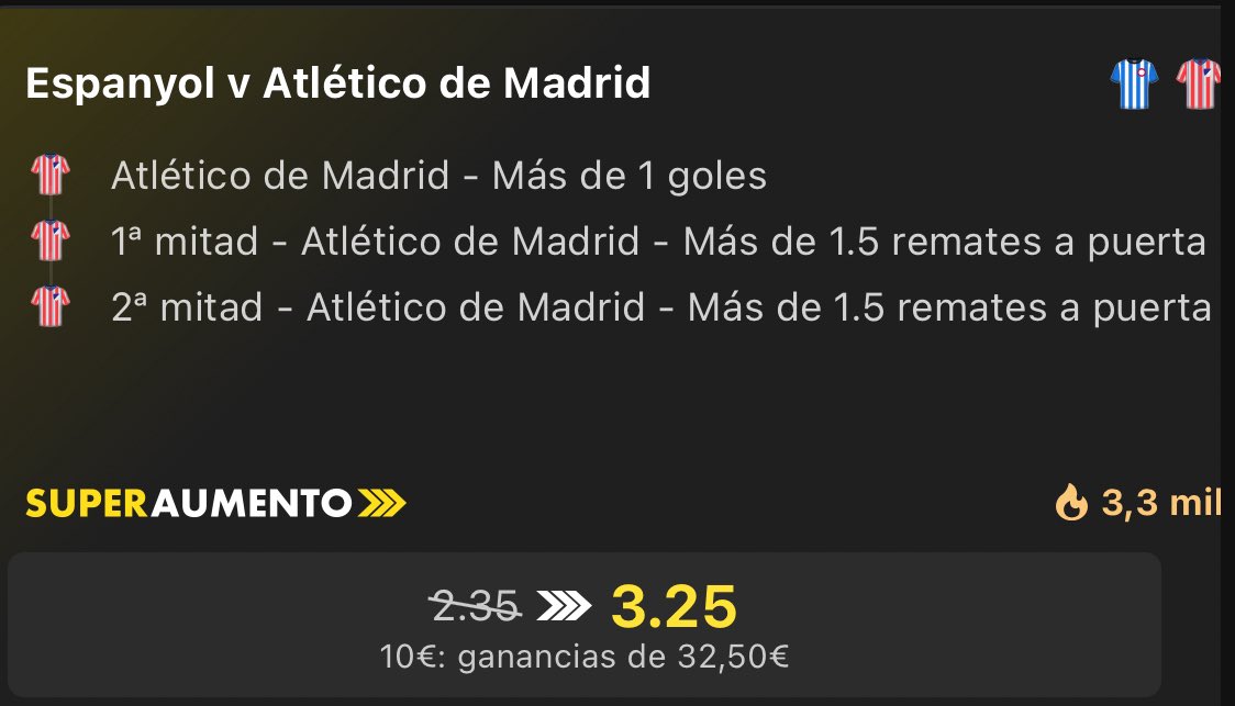 lives365's tweet photo. 🚨 ESTOS SON LOS SÚPER AUMENTOS QUE ME ENCANTAN 🚨

Espanyol vs Atlético de Madrid 

Nos meten a CUOTA 3.25 que el Atleti clave +1.5 goles y haga al menos 2 tiros a puerta en CADA mitad. 

Dominio colchonero de principio a fin! https://t.co/4gLJ7wwh0O