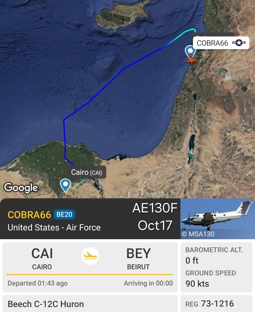 LebanonJets's tweet photo. 3m/97y #UnitedStates AirForce USAF Beech C12 Huron (200 Super King Air built in 1973!) 73-1216 #AE130F into #Beirut from Cairo & onwards to Larnaca expected back into #Lebanon again in a few hours as #COBRA66 Aircraft went into storage in 2001 then reactivated by 2004 https://t.co/1JK8hWQrO3