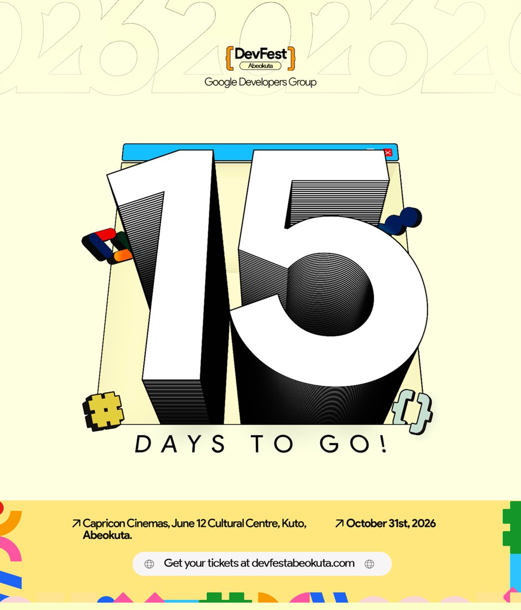gdgabeokuta's tweet photo. 15 DAYS TO GO! 🚀

Ideas need builders. Builders need community.

On Oct 31, we’re coming together to BUILD. SECURE. SCALE. 🔥

📍 Abeokuta
🎟️ FREE registration: https://t.co/XTkID7hE23

Who’s pulling up?

#DevFestAbeokuta26 #GDGAbeokuta https://t.co/iElYqyN1qI