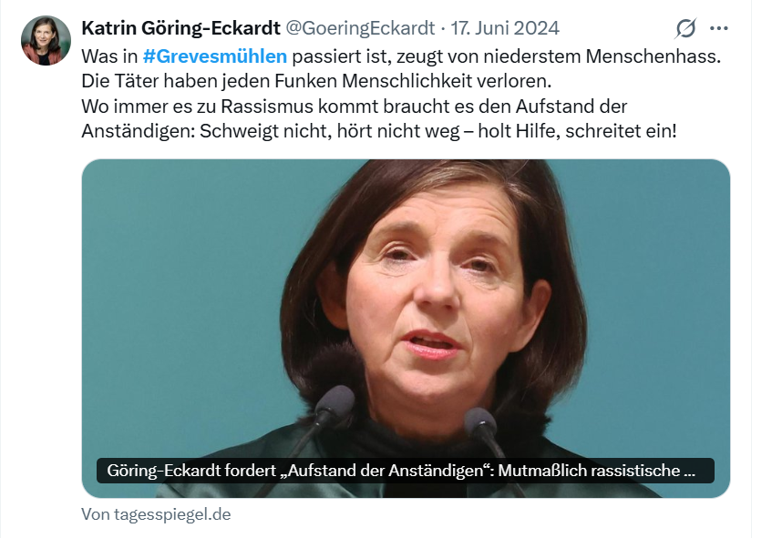 YveK22's tweet photo. Guten Morgen zusammen,
die Fotos zeigen Reaktionen von Politikern zu Grevesmühlen 2024, als man aufgrund Falschmeldungen kurzzeitig der Annahme war, ein Mädchen aus Ghana wäre von deutschen Kindern und Jugendlichen ins Gesicht geschlagen worden, was sich im Nachhinein als unwahr herausstellte. 

Und nachstehend Zitate der Empörung und Solidarität derselben Personen zum Fall des Angriffs auf den deutschen Jungen in Frankfurt Oder von dieser Woche durch mehrere augenscheinlich hauptsächlich ausländische Jugendliche:

-----------------------------------

Es gibt keine. Offensichtlich sind die Maßstäbe bei Empörung und Solidarität abhängig von der Herkunft des Opfers. Die Skala reicht von Deutsch = 0 bis zu Zugehörigkeit zu Asylherkunftsländern = 100.