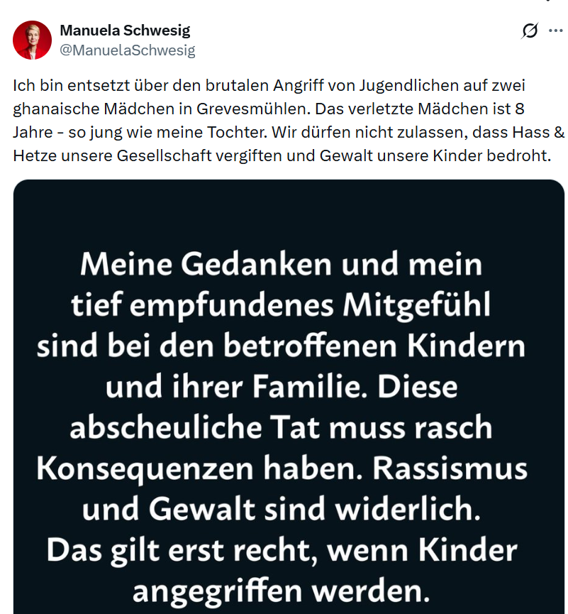 YveK22's tweet photo. Guten Morgen zusammen,
die Fotos zeigen Reaktionen von Politikern zu Grevesmühlen 2024, als man aufgrund Falschmeldungen kurzzeitig der Annahme war, ein Mädchen aus Ghana wäre von deutschen Kindern und Jugendlichen ins Gesicht geschlagen worden, was sich im Nachhinein als unwahr herausstellte. 

Und nachstehend Zitate der Empörung und Solidarität derselben Personen zum Fall des Angriffs auf den deutschen Jungen in Frankfurt Oder von dieser Woche durch mehrere augenscheinlich hauptsächlich ausländische Jugendliche:

-----------------------------------

Es gibt keine. Offensichtlich sind die Maßstäbe bei Empörung und Solidarität abhängig von der Herkunft des Opfers. Die Skala reicht von Deutsch = 0 bis zu Zugehörigkeit zu Asylherkunftsländern = 100.