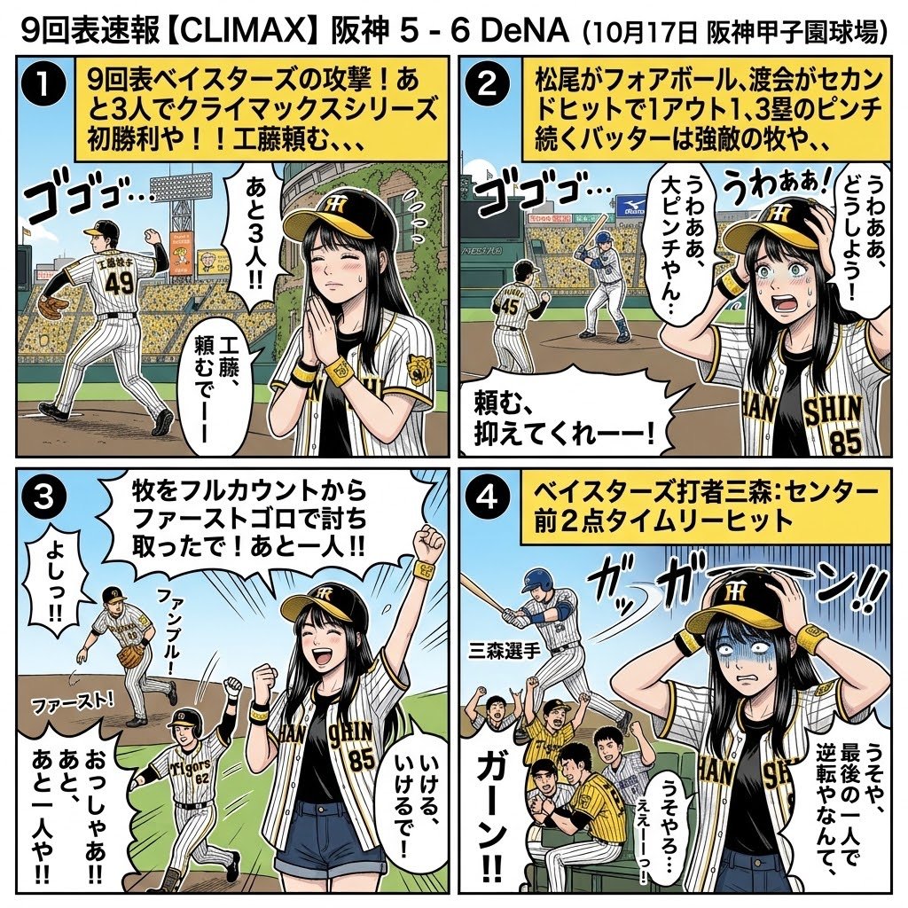 Good_hanshin's tweet photo. ９回裏速報　【CLIMAX】　阪神5-６DeNA
10月17日(土) #阪神タイガース 対 #横浜DeNAベイスターズ @ #阪神甲子園球場
ベイスターズ打者三森:センター前2点タイムリーヒット
#Gemini4Argon #4コマ漫画 #速報 #tigers #阪神タイガース #AIart https://t.co/GIaG308RoJ