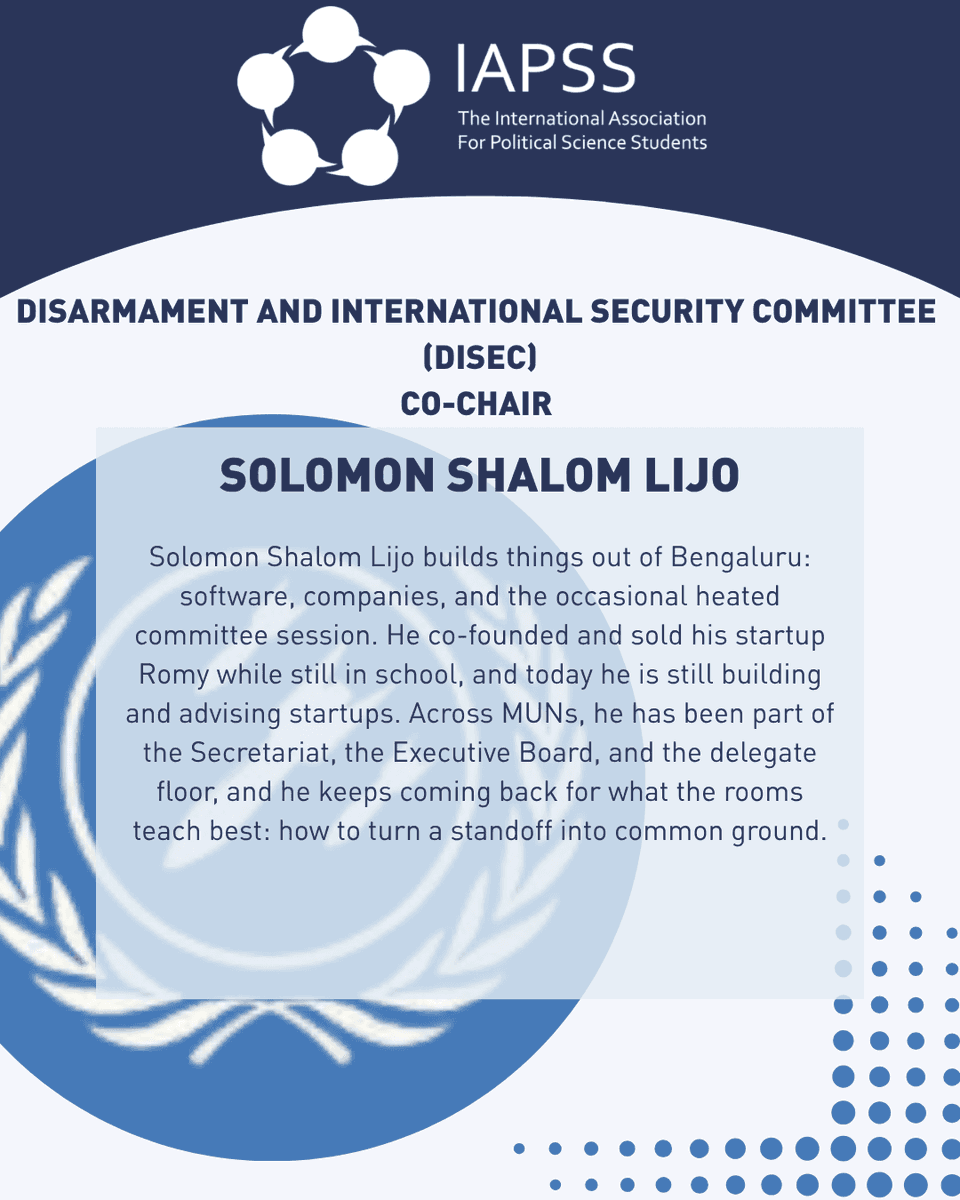 iapss's tweet photo. π MEET YOUR CO-CHAIR: DISEC
We are pleased to introduce Solomon Shalom Lijo as the Co-Chair of the Disarmament and International Security Committee (DISEC) at the upcoming IAPSS Model United Nations!
#DISEC #ModelUnitedNations #InternationalSecurity #Diplomacy https://t.co/mEUGPKYuWb