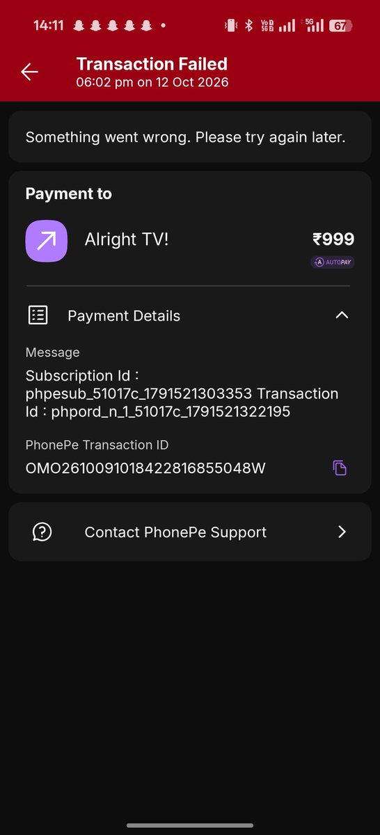 badshah_your's tweet photo. @PhonePe PhonePe AutoPay is deleted, yet an attempt to debit ₹999 was made. I’m worried my money may be deducted again. I’ve received no response from your support team. Please resolve this issue urgently and ensure no further unauthorized debit attempts occur. https://t.co/wHuje8sFq7