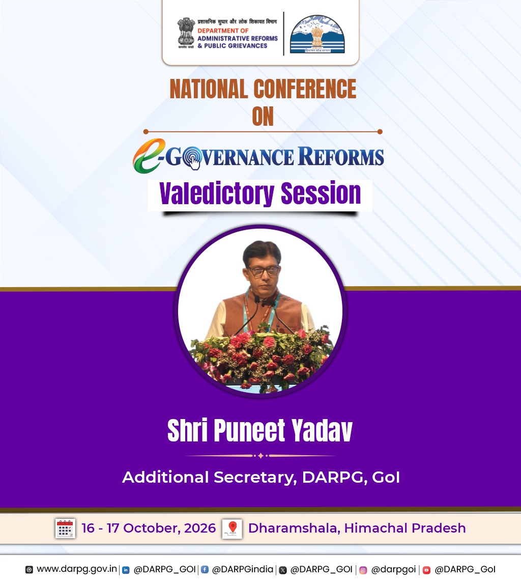 DARPG_GoI's tweet photo. Shri Puneet Yadav, Additional Secretary, Department of Administrative Reforms and Public Grievances, addressed the Valedictory Session of the National Conference on e-Governance Reforms in Dharamshala, Himachal Pradesh.
#eGovernanceReforms #DARPG https://t.co/6oU7QFm2Se