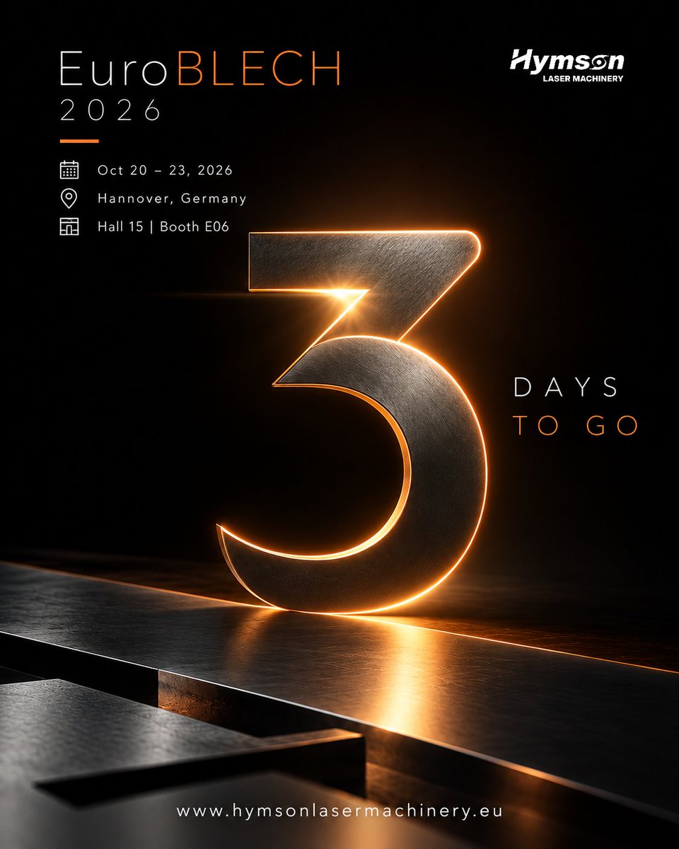 HymsonLaser's tweet photo. โณ 3 days to #EuroBLECH2026!
See HyLaser PRO up close and talk laser cutting & automation with our team. Weโd love to hear what youโre working on! ๐ค
๐
Oct 20โ23 | Hannover
๐ Hall 15 ยท Booth E06
๐๏ธ https://t.co/SPdFUHbUZD
#LaserCutting #HyLaserPRO #HymsonLaserMachinery #Cnc https://t.co/RWg8aBS66v