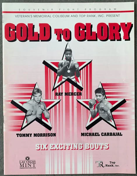 20thCentBoxIMM's tweet photo. Top Rank Boxing presents four undefeated young prospects in action, on October 17, 1989, at The State Fair in Phoenix, Arizona.

1988 Heavyweight Gold Medalist "Merciless" Ray Mercer wins his tenth straight without blemish as a pro, scoring a 1st round TKO of Eddie Richardson.

Silver Medalist from the 1988 Seoul Olympics, Michael Carbajal, goes to 9-0 as a pro with a 3rd round TKO of Jose Manuel Diaz.

Another heavyweight, who'll have a memorable encounter with Mercer in his future, Tommy "The Duke" Morrison KO's Harry Terrell in the 1st round to go to 18-0.

Another memorable boxer, Johnny Tapia, stays undefeated (going to 12-0-1) with an eight-round unanimous decision over John Michael "Bam Bam" Johnson. Johnson, no slouch as he handed Junior Jones his first defeat (Jones was 32-0-0 at the time), would go on to hold, briefly (April to July of 1994), the WBA Bantamweight Title.