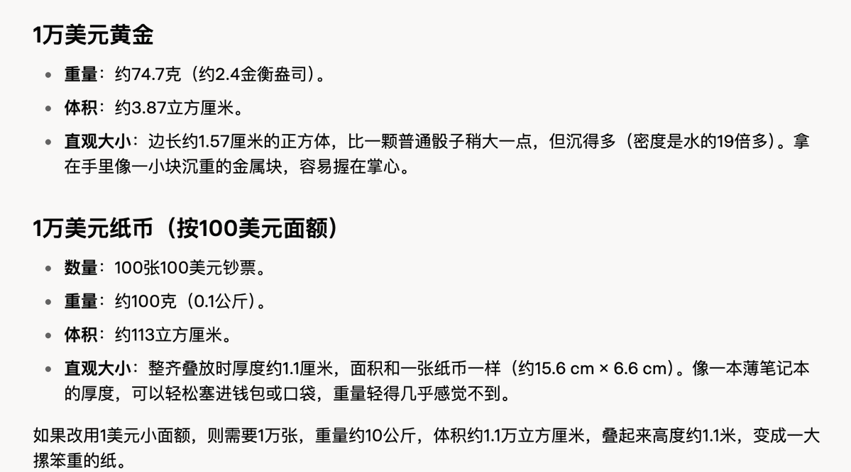 cryptosixman's tweet photo. 一个有趣的发现，其实黄金挺好携带的
因为去黄金价格上涨or相对的货币贬值
1万美金的美元纸币vs黄金实物
黄金重量轻了30%，黄金体积却只有纸币的1/19
100万美元黄金，也只有拳头大小

所以小说里，带着全副身家连夜跑路的桥段，放在黄金身上已经可以实现了 https://t.co/aS5VepTjGJ
