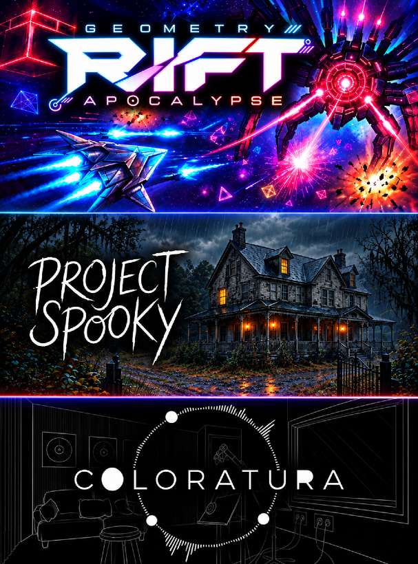 DojoSystem's tweet photo. Steam Next Fest starts Monday, October 19.
Free demos: Geometry Rift: Apocalypse (bullet heaven),
Coloratura (a game you play with your ears) and Project Spooky (psychological horror).
https://t.co/SOM8rXYul0 #SteamNextFest #DojoSystem
Discord DOJO: https://t.co/eWl57mZDke https://t.co/zM9BAWJ4uB